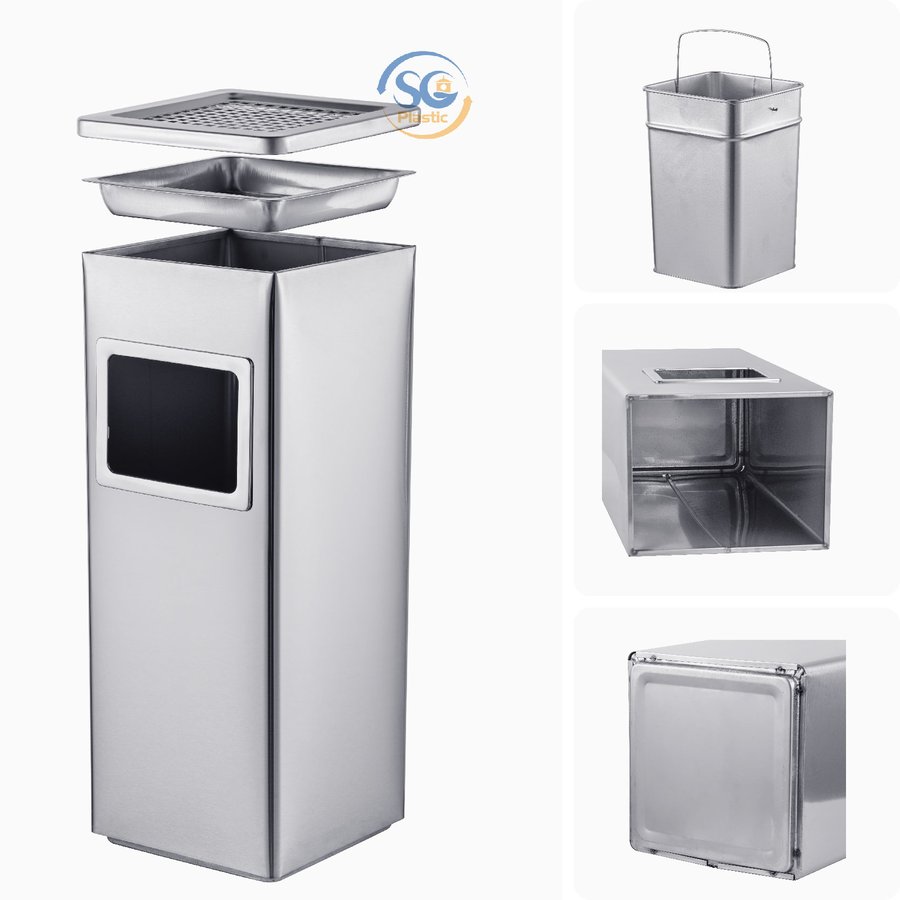 Thùng rác inox có gạt tàn vuông 20 lít