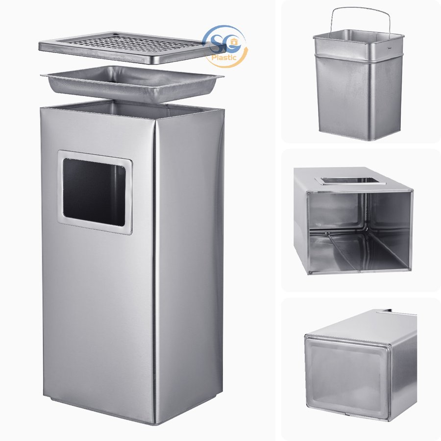 Thùng rác inox có gạt tàn vuông 30 lít