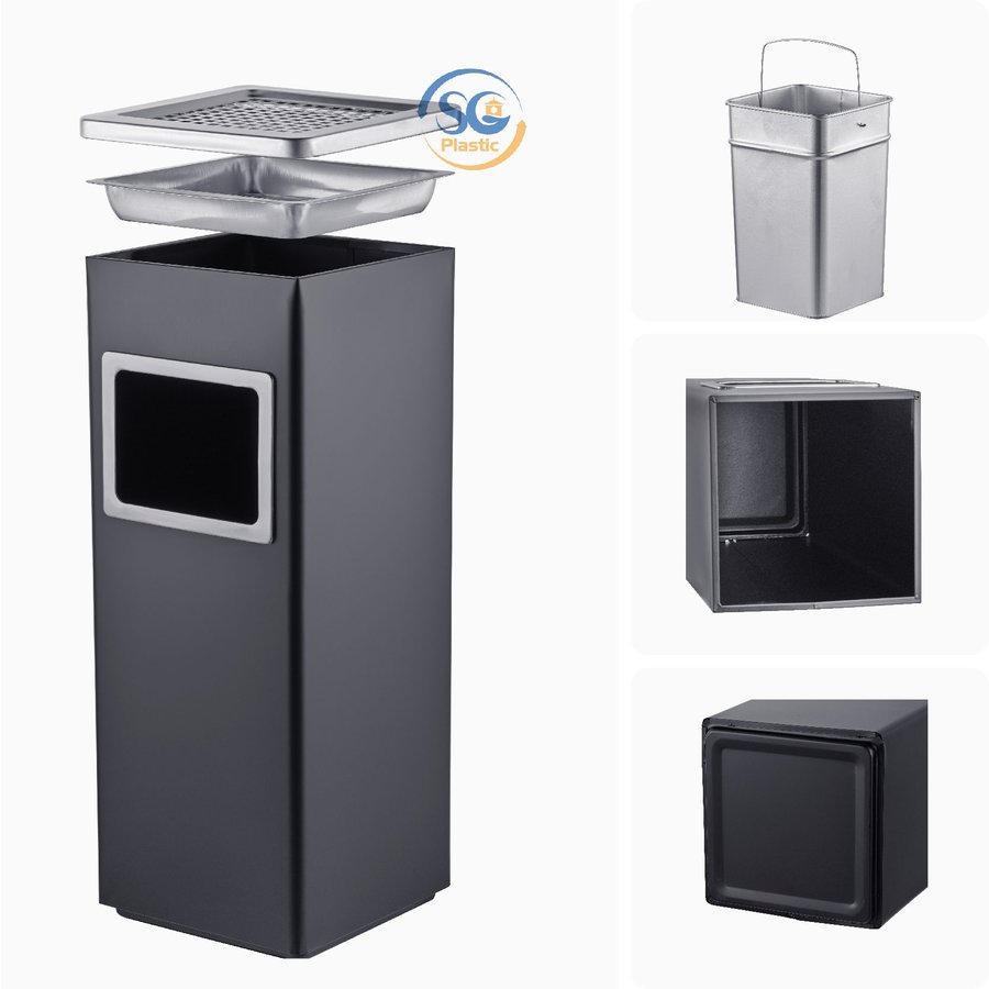 Thùng rác inox có gạt tàn vuông màu đen 20 lít