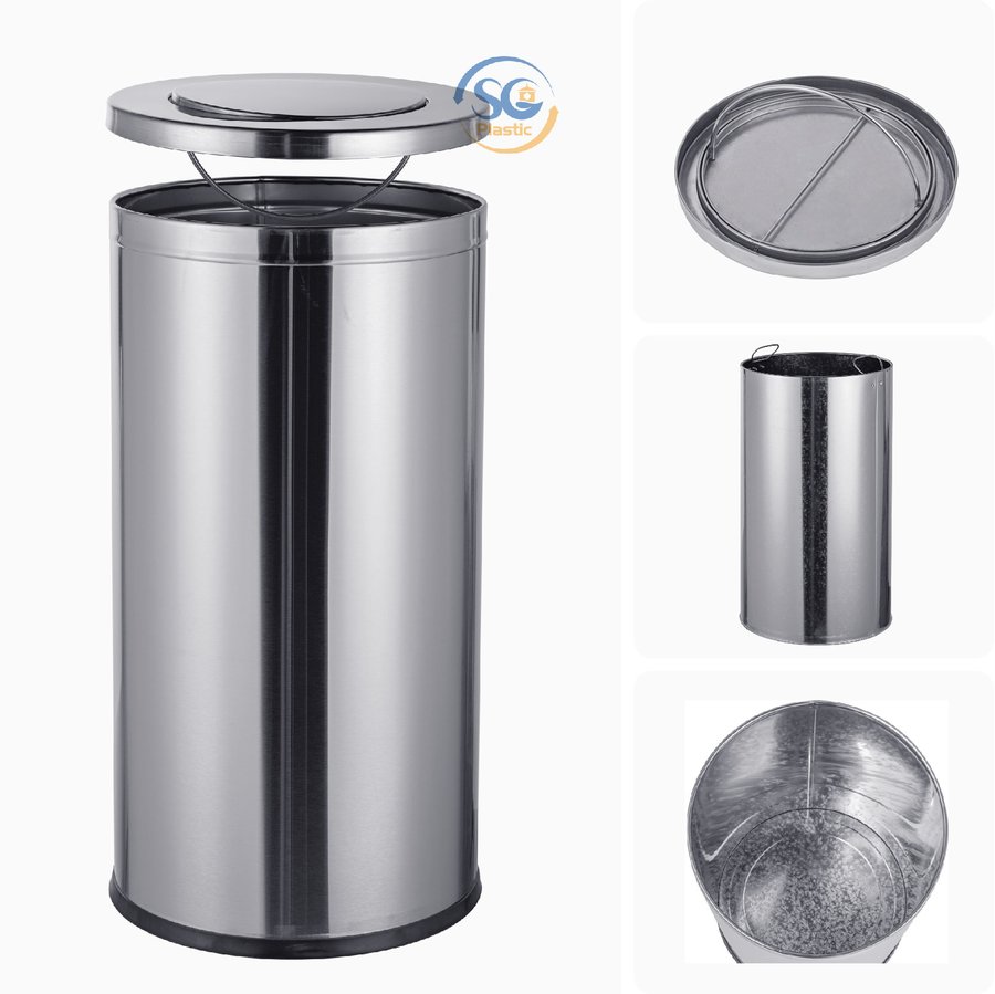 Thùng rác inox tròn có nắp lật 55 lít