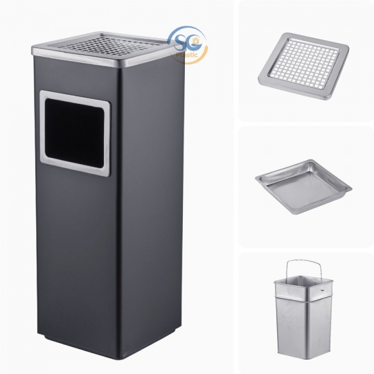 Thùng rác inox có gạt tàn vuông màu đen 20 lít