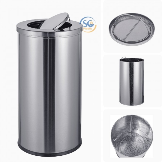 Thùng rác inox tròn có nắp lật 55 lít