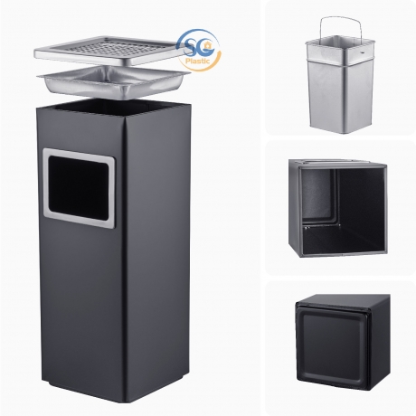 Thùng rác inox có gạt tàn vuông màu đen 20 lít