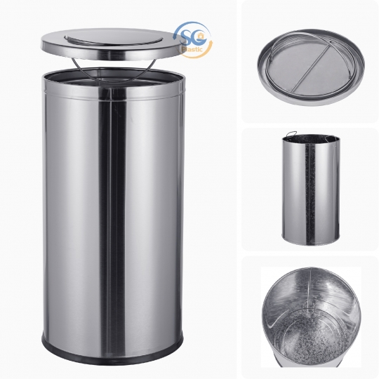 Thùng rác inox tròn có nắp lật 30 lít